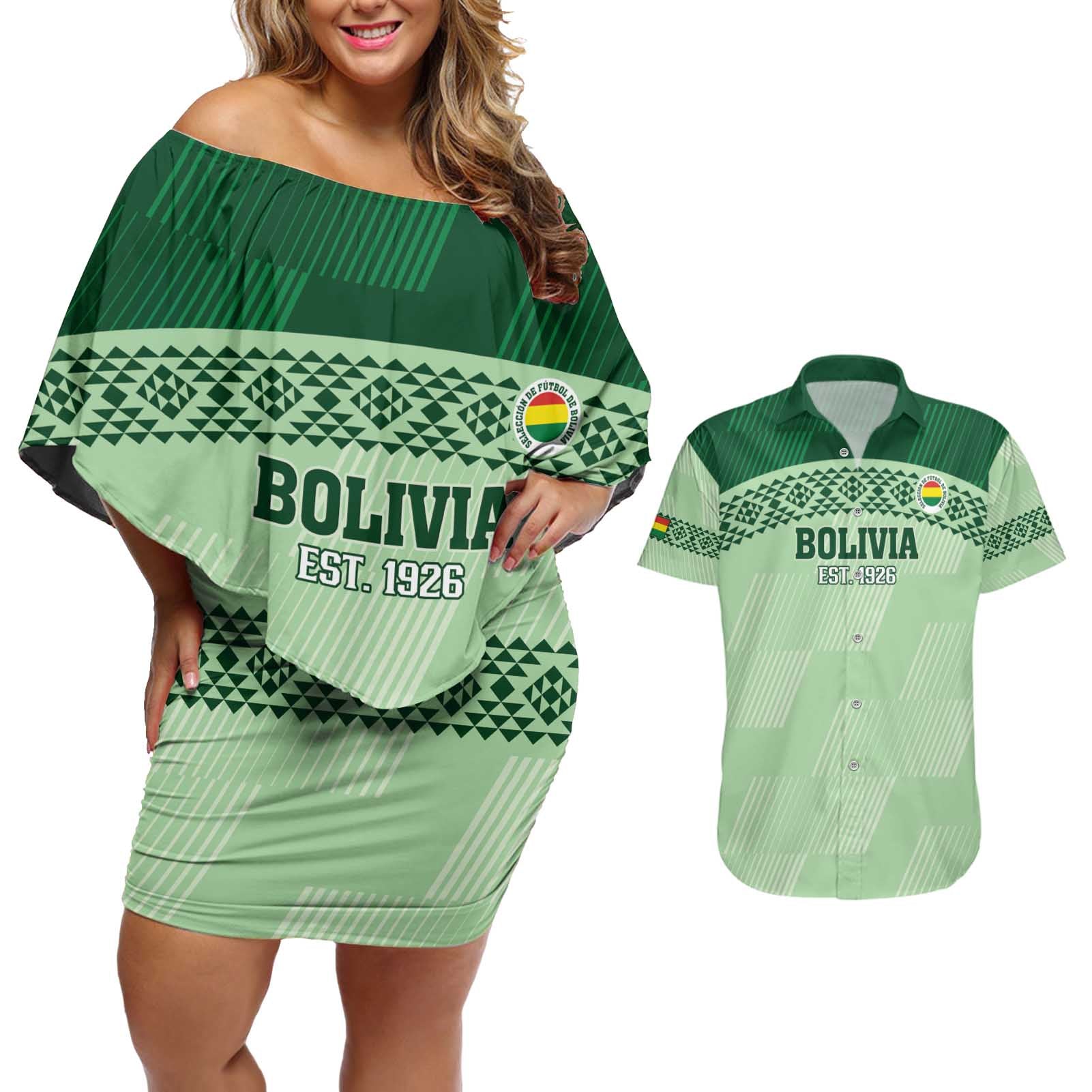 Custom La Verde Bolivia Football Couples Matching Off Shoulder Short Dress and Hawaiian Shirt Est 1926 Newest Version - Wonder Print Shop