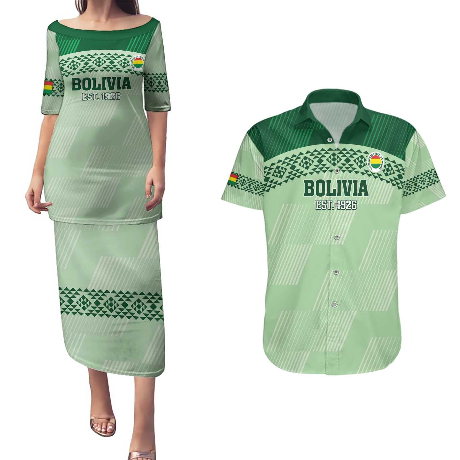 Custom La Verde Bolivia Football Couples Matching Puletasi and Hawaiian Shirt Est 1926 Newest Version - Wonder Print Shop