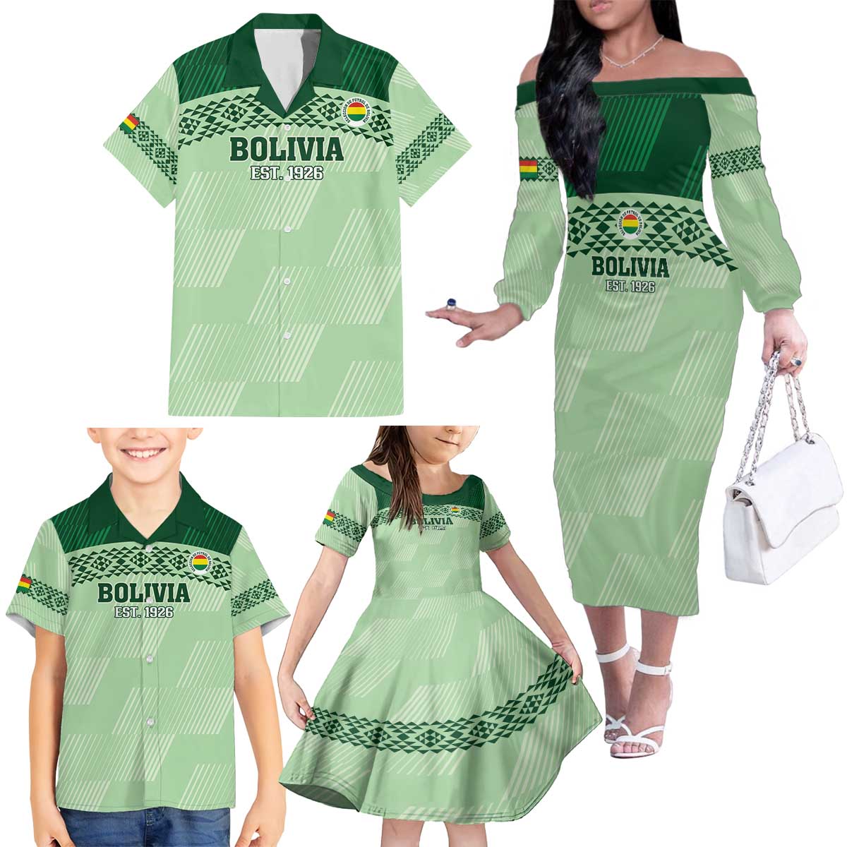 Custom La Verde Bolivia Football Family Matching Off The Shoulder Long Sleeve Dress and Hawaiian Shirt Est 1926 Newest Version - Wonder Print Shop