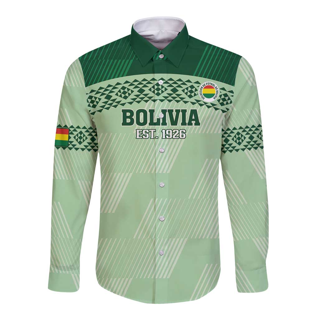 Sea green long-sleeve football button shirt with Bolivia Est. 1926 front print