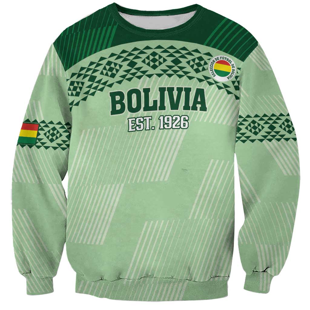 Sea green football sweatshirt with Bolivia Est. 1926 front graphic, crewneck, long sleeves
