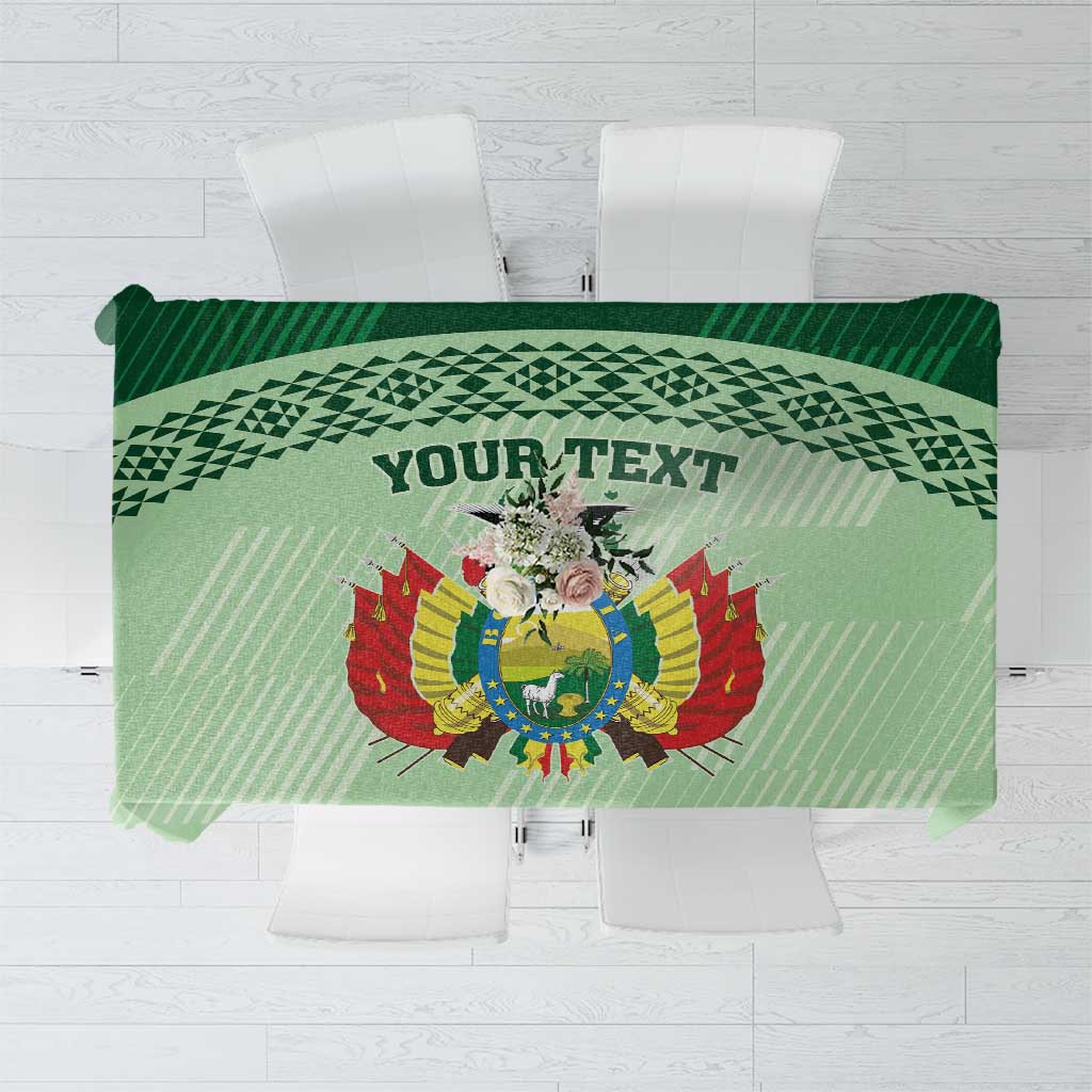 Sea green football tablecloth top view with Bolivia emblem and geometric border