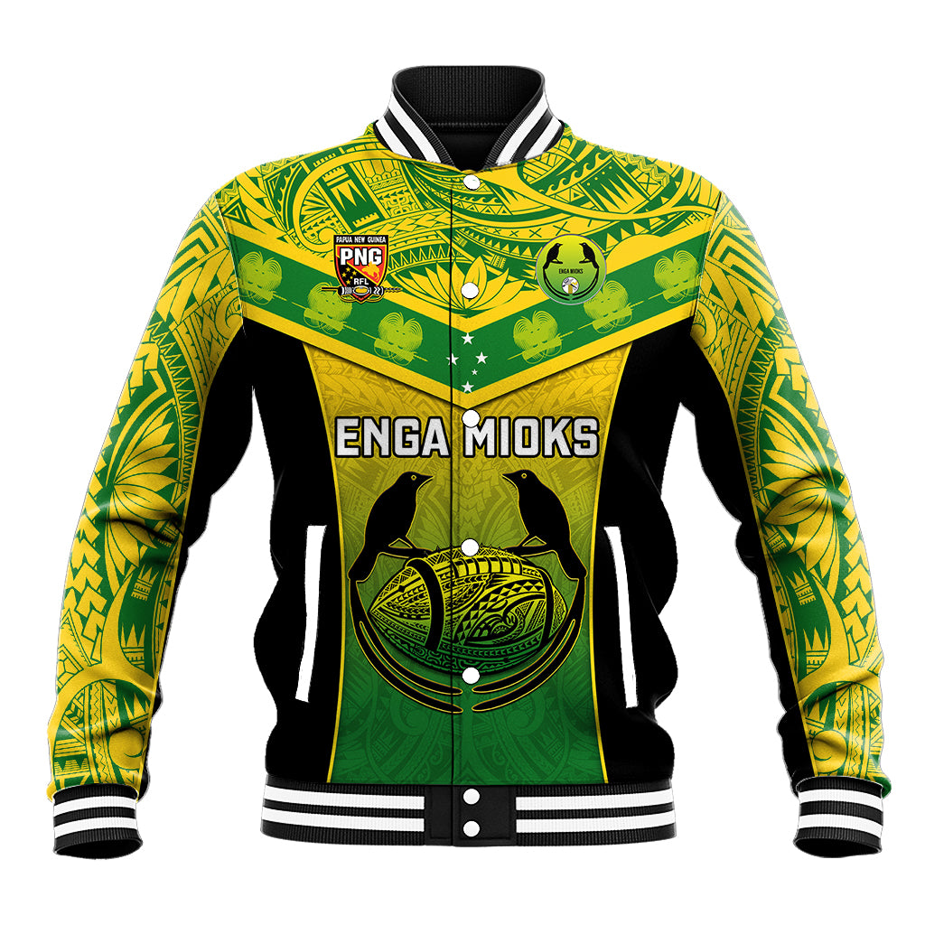 Green rugby baseball jacket with black ribbed collar, ENGA MIOKS front print, PNG logo