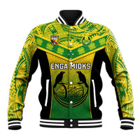 Green rugby baseball jacket with black ribbed collar, ENGA MIOKS front print, PNG logo