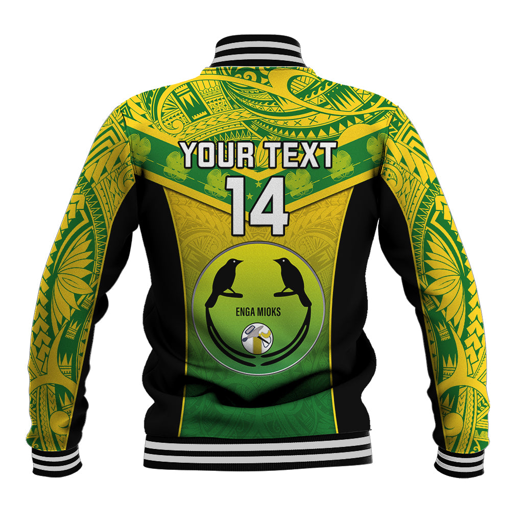 Green rugby baseball jacket, back print YOUR TEXT 14 and Enga Mioks crest, striped cuffs