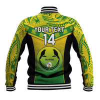 Green rugby baseball jacket, back print YOUR TEXT 14 and Enga Mioks crest, striped cuffs