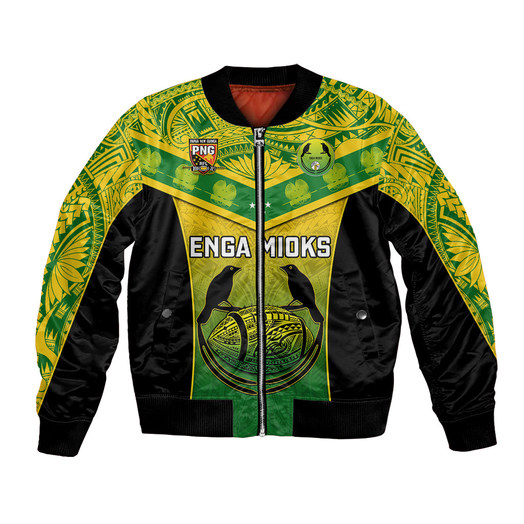 Green bomber jacket with tribal pattern, front zipper, bird graphic and ENGA MIOKS text