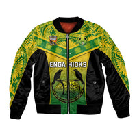 Green bomber jacket with tribal pattern, front zipper, bird graphic and ENGA MIOKS text