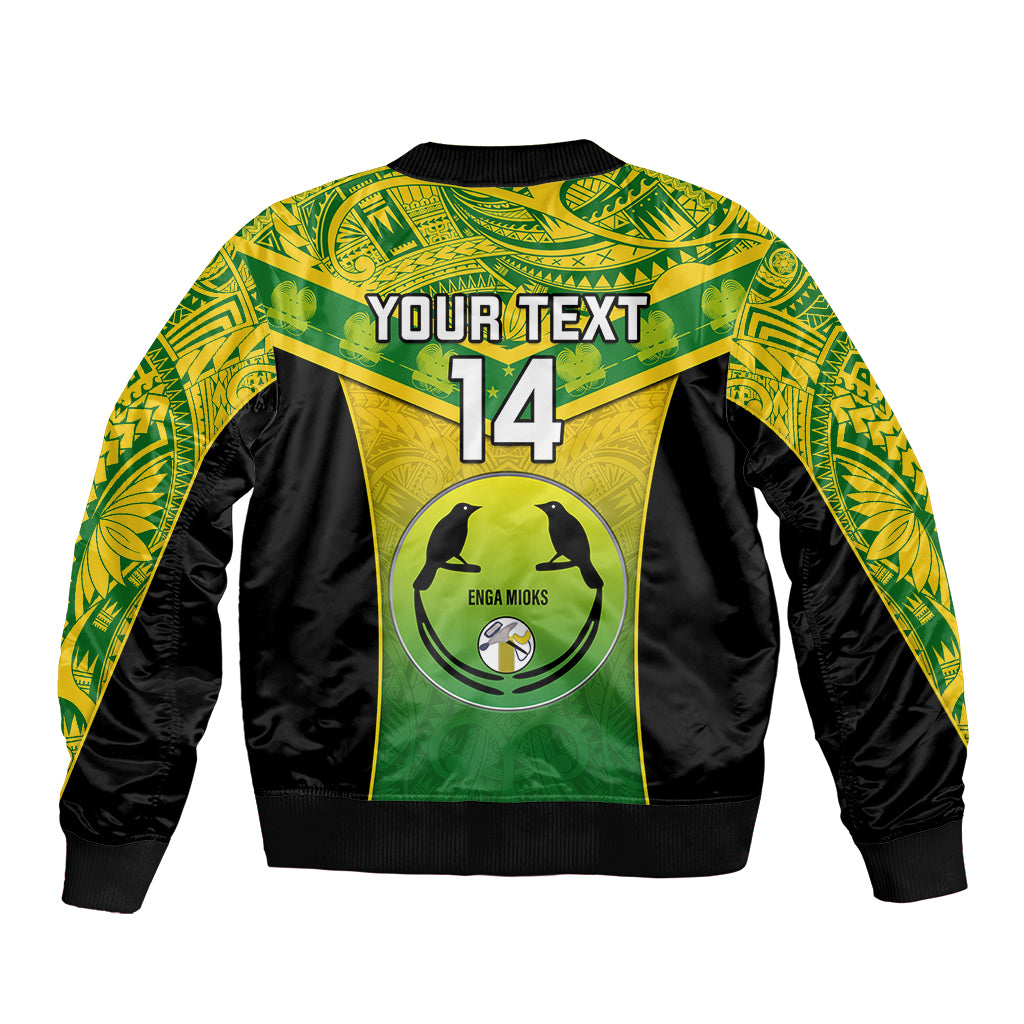 Green bomber jacket back with Your Text 14, bird circle graphic and tribal pattern