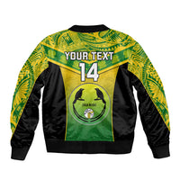 Green bomber jacket back with Your Text 14, bird circle graphic and tribal pattern