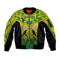 Unisex green and black bomber jacket with front zip and bold tribal bird graphic