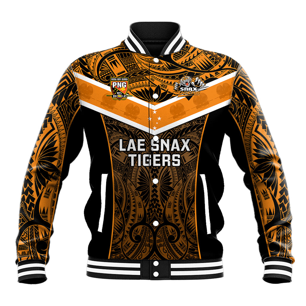 Orange and black patterned varsity baseball jacket with striped collar and snap button front