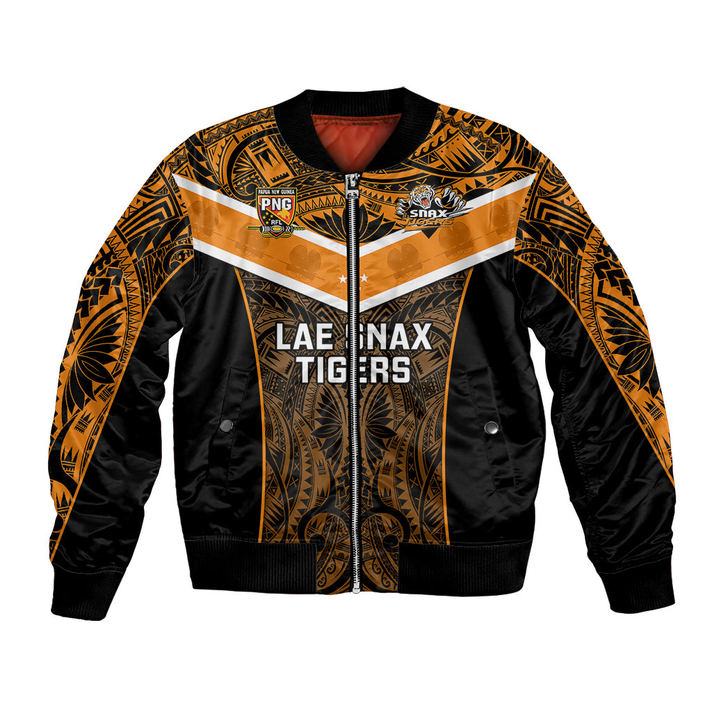 Orange and black bomber jacket with zip front and tribal patterned sleeves