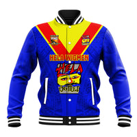Blue varsity baseball jacket with red and yellow stripe panels, ribbed collar and cuffs