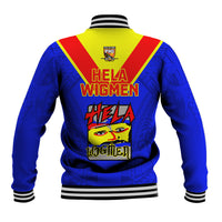 Blue baseball jacket back with red and yellow stripe yoke, ribbed hem and striped cuffs