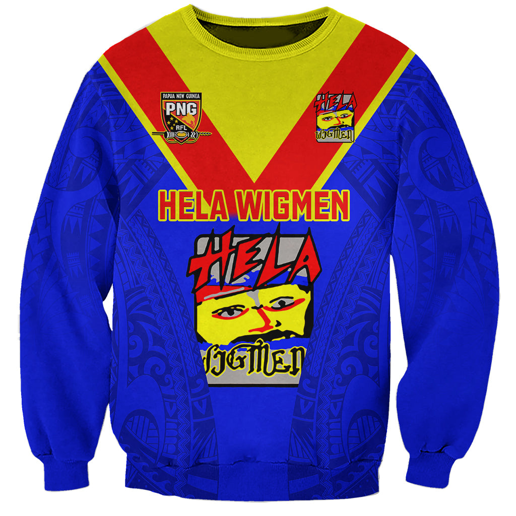 Blue rugby sweatshirt with red/yellow V yoke, PNG crest and Hela Wigmen graphic