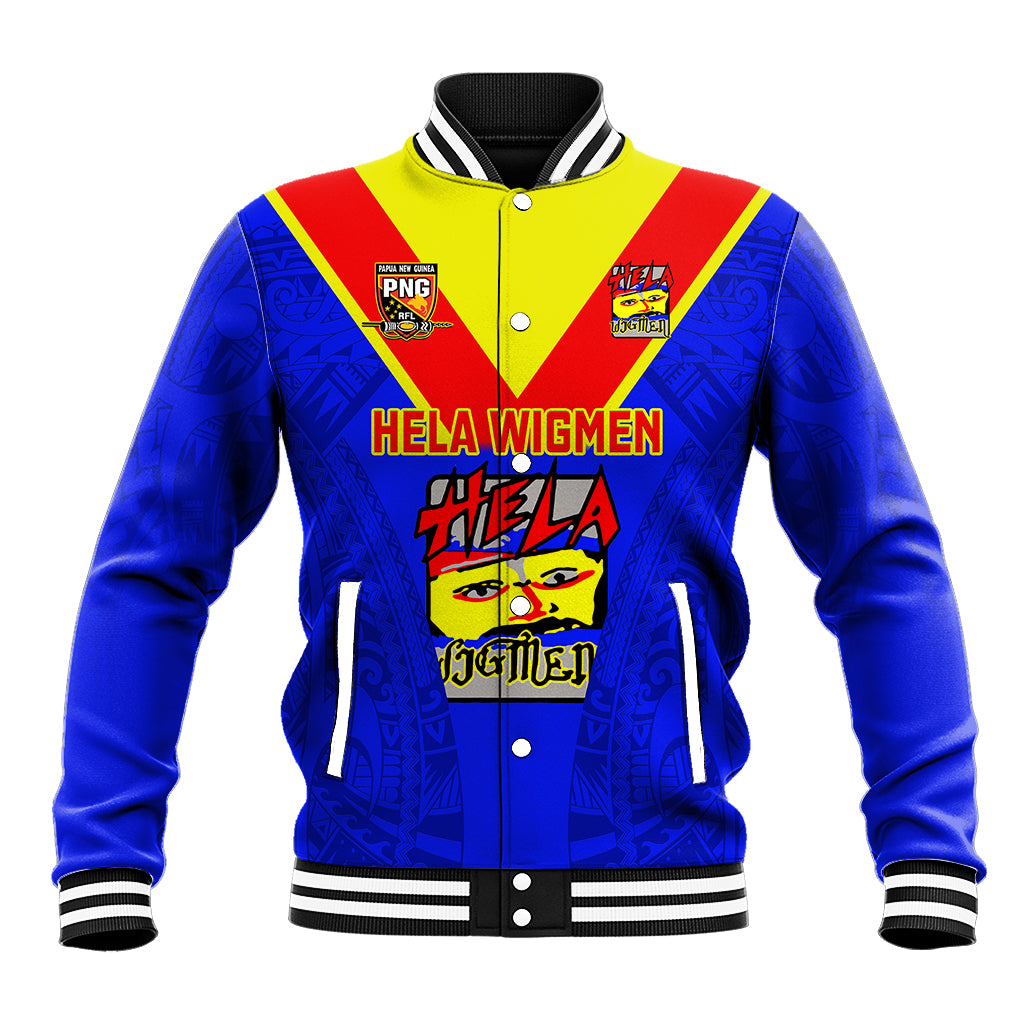 Blue varsity baseball jacket with yellow collar, red-green stripes, front PNG patch and graphics