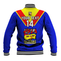 Blue varsity jacket with back YOUR TEXT 14, yellow-red-green stripes, PNG patch