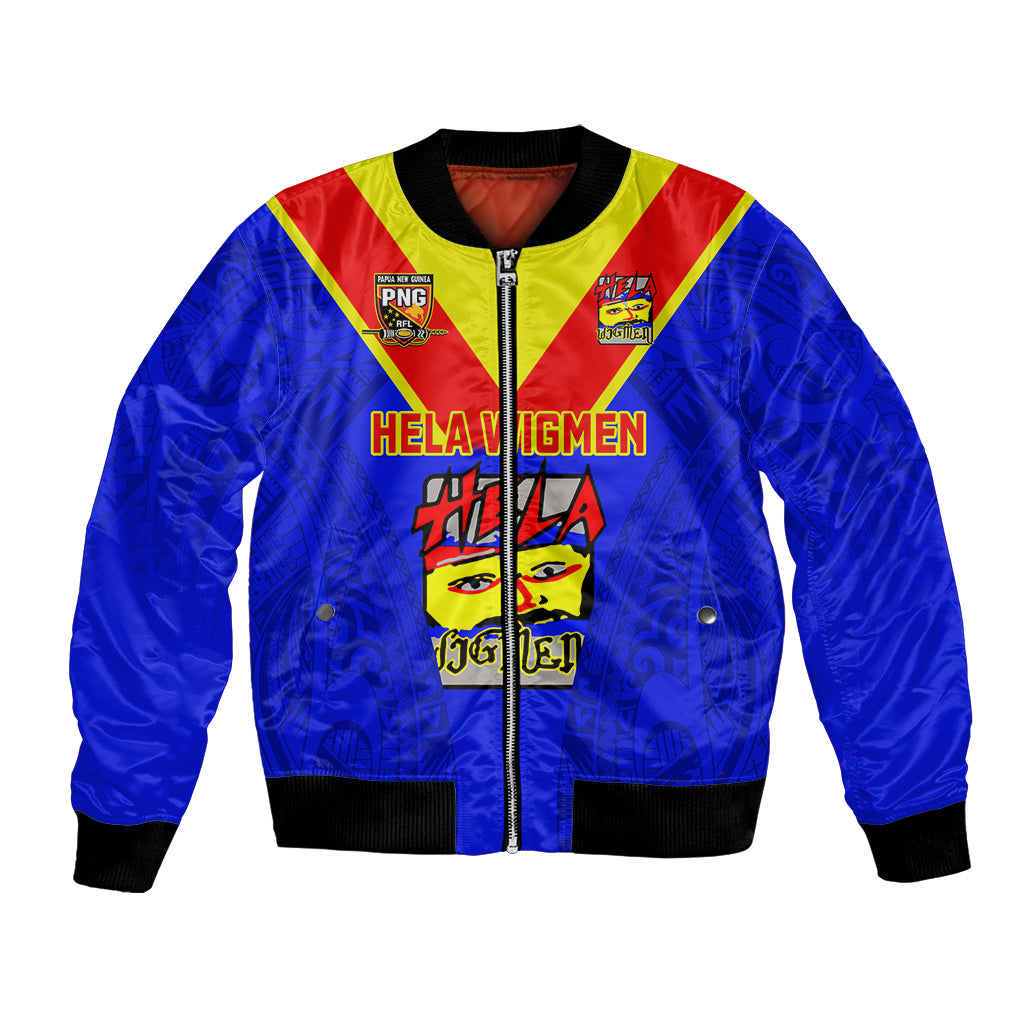 Blue rugby bomber jacket with zip front, black rib trim, and multicolor PNG graphic