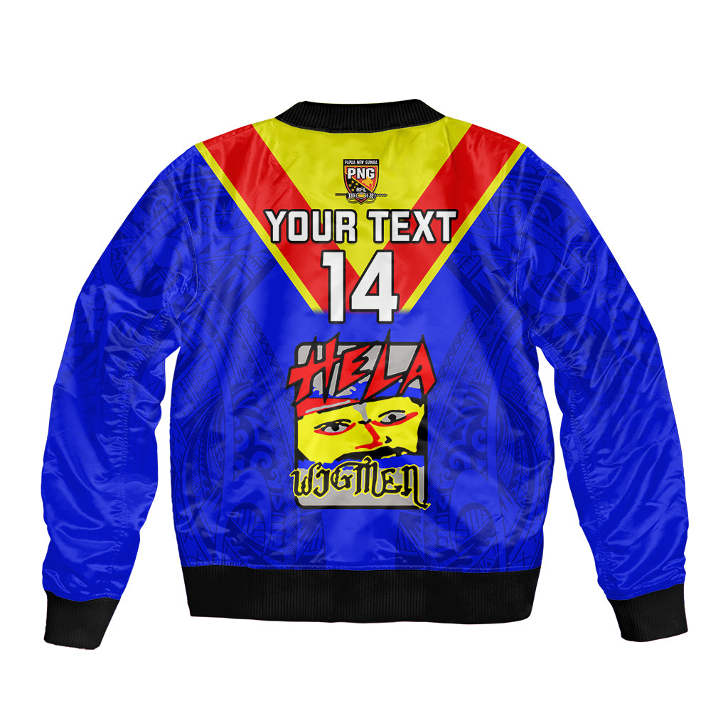 Blue bomber jacket back view with black rib hem, multicolor PNG crest, number 14