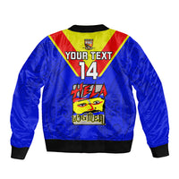 Blue bomber jacket back view with black rib hem, multicolor PNG crest, number 14