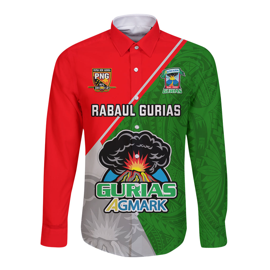 Long sleeve button rugby shirt with red and green diagonal panels and crest logos