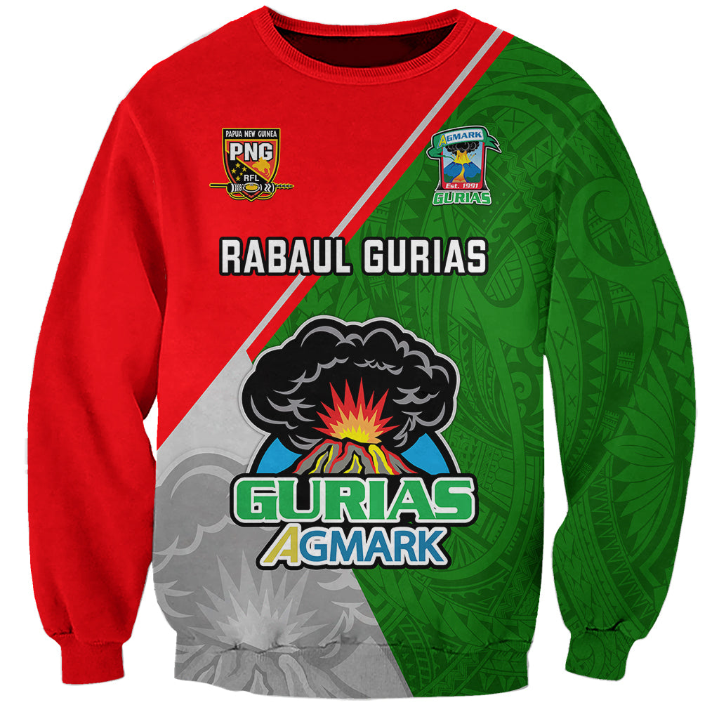 Unisex rugby sweatshirt, red and green with Gurias Agmark graphic and logo text