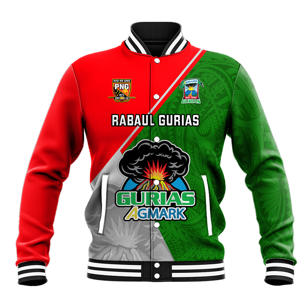 Red and green baseball jacket, striped collar and button front, Rabaul Gurias logo
