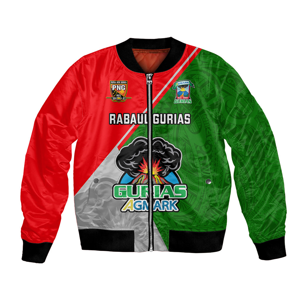 Green and red custom rugby bomber jacket, full zip, ribbed cuffs; front PNG and crest patch
