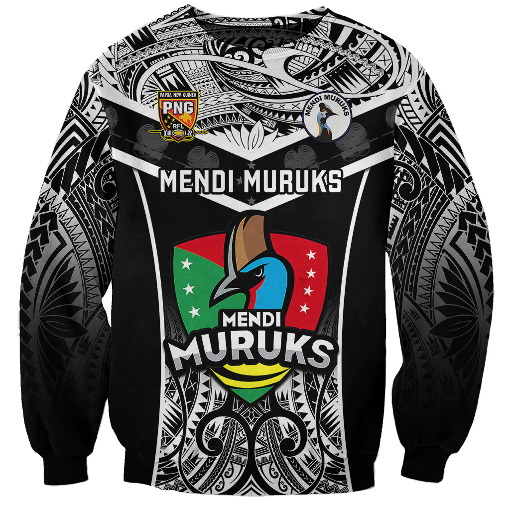 Black unisex rugby sweatshirt with bold Mendi Muruks front graphic and tribal patterns