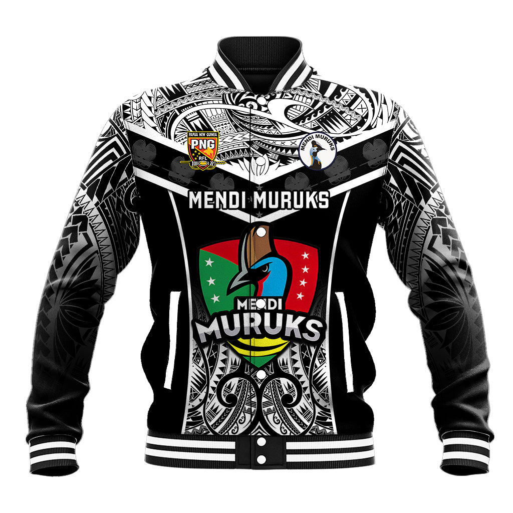 Black baseball jacket with white tribal pattern and Mendi Muruks front graphic