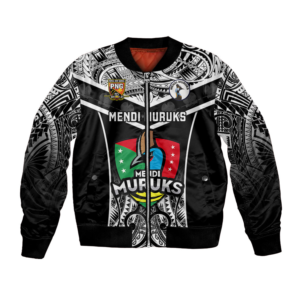 Black bomber jacket with full-zip front, tribal white print and Mendi Muruks graphic