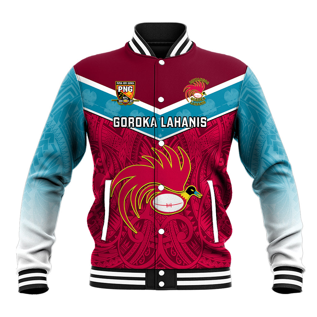 Maroon and light blue baseball jacket with striped collar, PNG badge, and front bird graphic