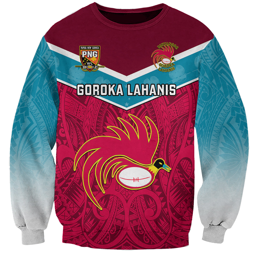 Unisex rugby sweatshirt with large red front graphic, teal sleeves, crew neck