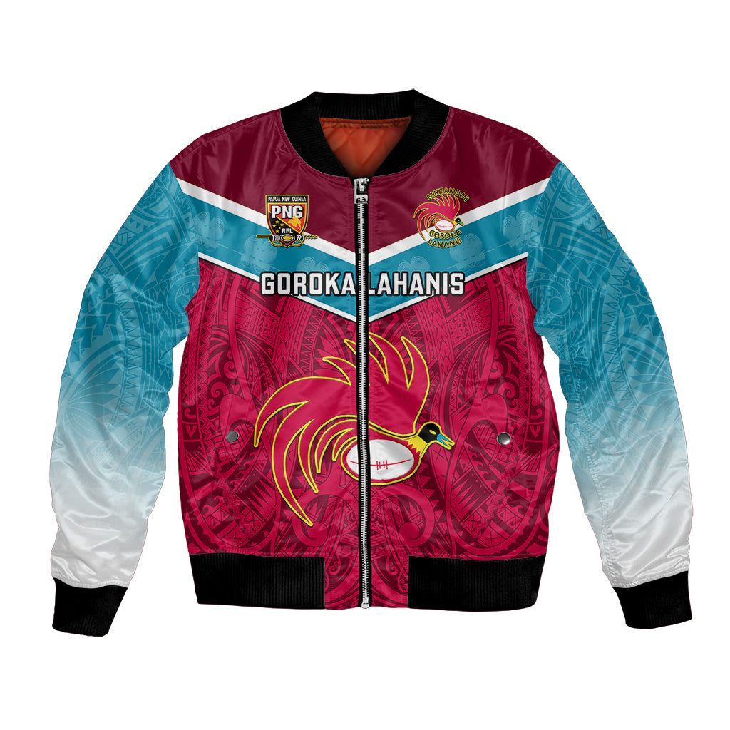 Rugby bomber jacket with red and teal tribal bird graphic, full-zip front, ribbed cuffs