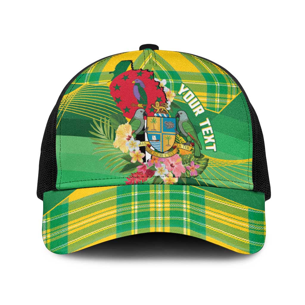 Personalized Dominica Independence Day Baseball Net Cap Map With Coat Of Arms Madras Pattern - Wonder Print Shop