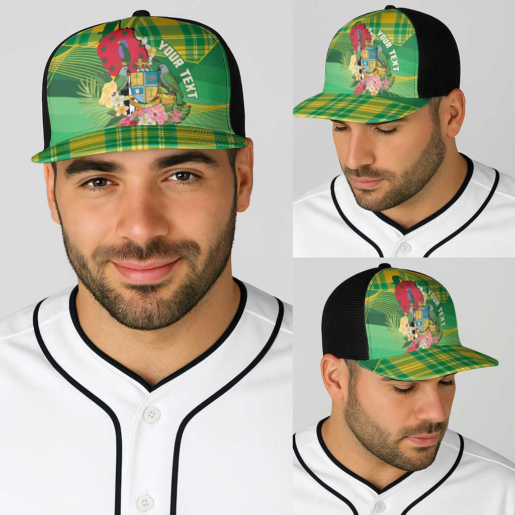 Personalized Dominica Independence Day Baseball Net Cap Map With Coat Of Arms Madras Pattern - Wonder Print Shop