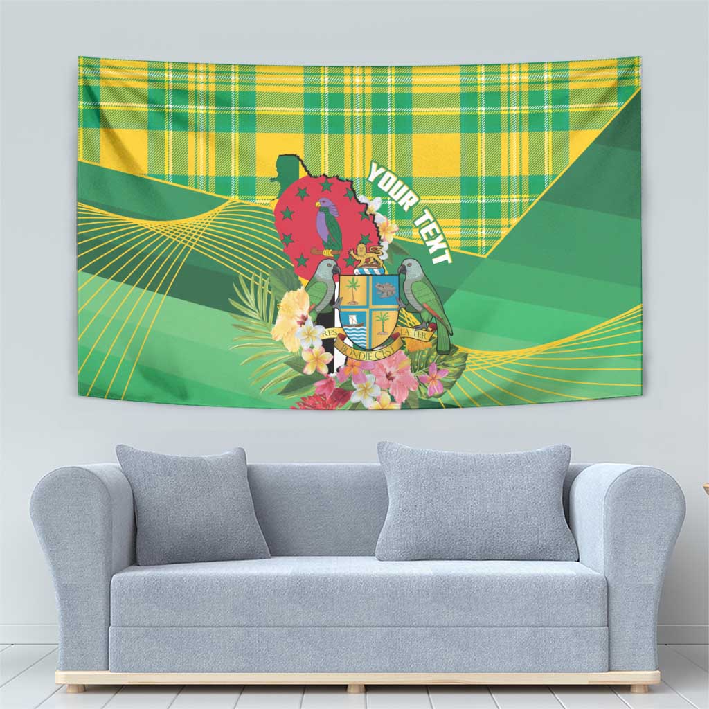 Personalized Dominica Independence Day Tapestry Map With Coat Of Arms Madras Pattern - Wonder Print Shop