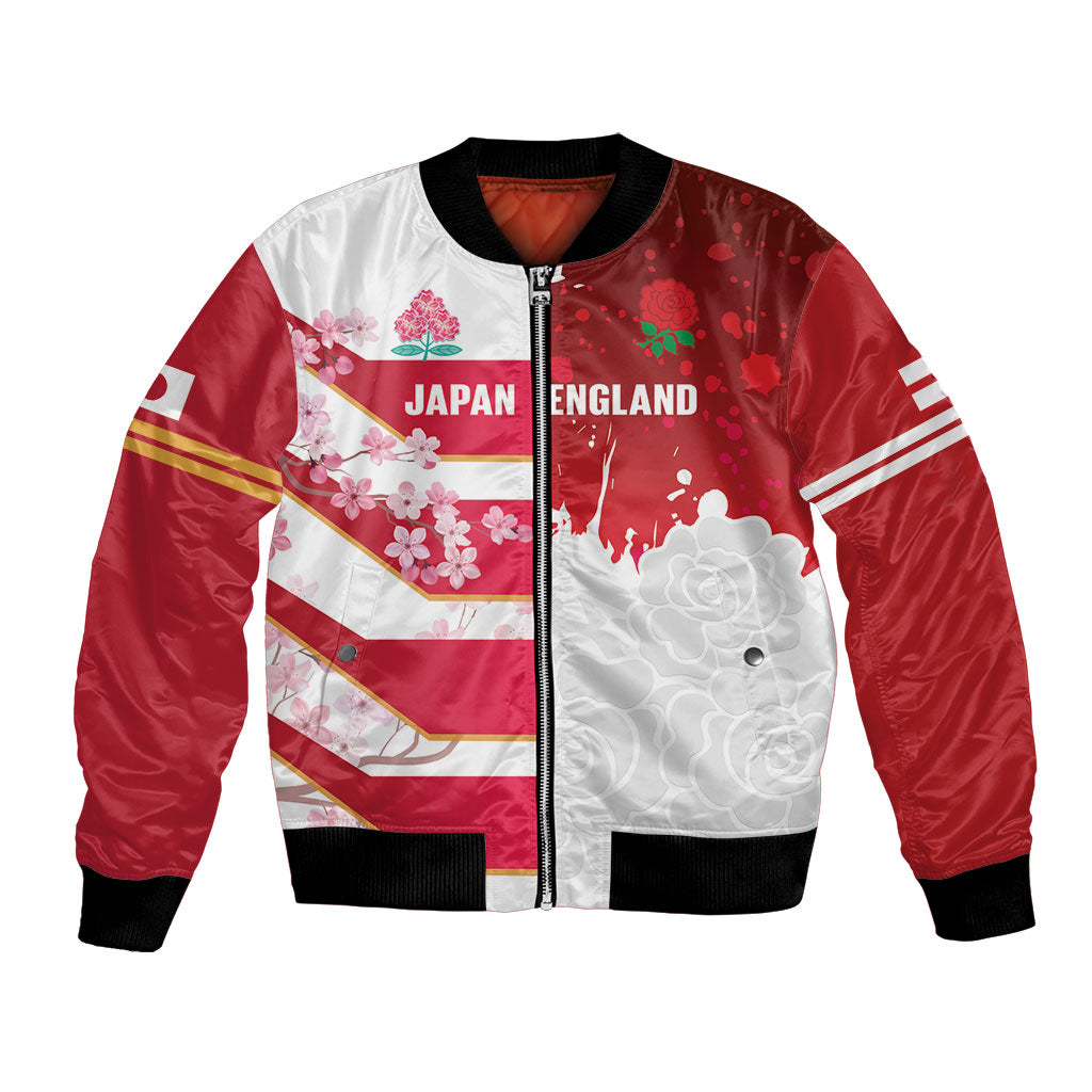 Japan and England Rugby Custom Bomber Jacket Brave Blossoms Red Roses Together