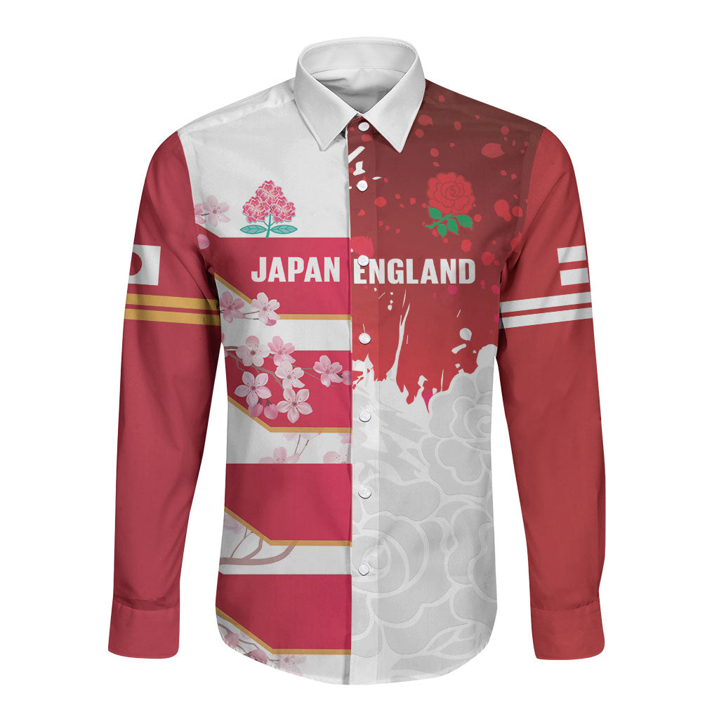 Japan and England Rugby Custom Long Sleeve Button Shirt Brave Blossoms Red Roses Together