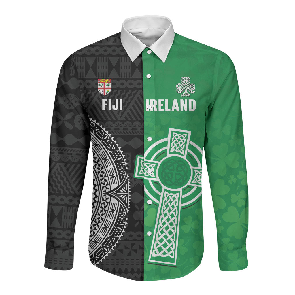 Fiji and Ireland Rugby Custom Long Sleeve Button Shirt Flying Fijian Irish Shamrocks Together