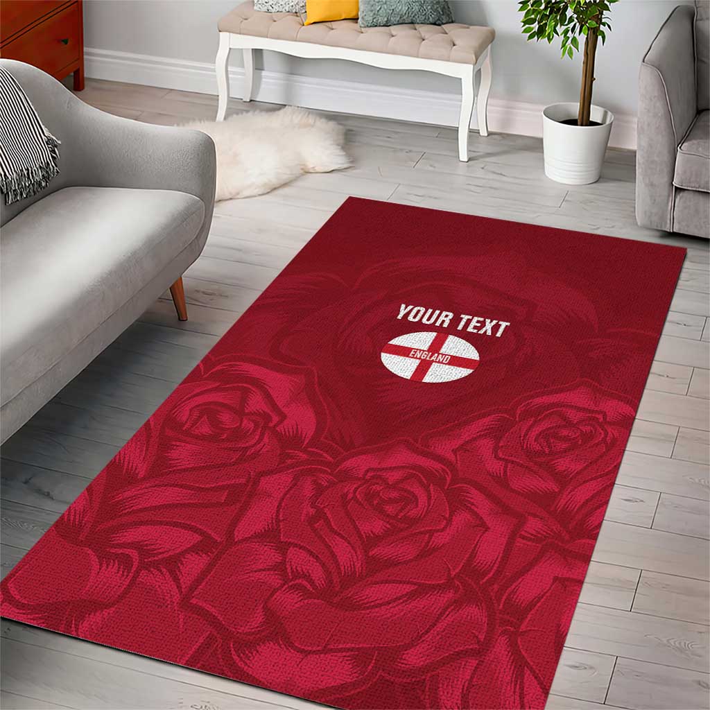 Red rectangular area rug with rose design and circular 'YOUR TEXT' patch