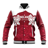 Red and white baseball jacket with England lettering, rose print, snap front, striped collar