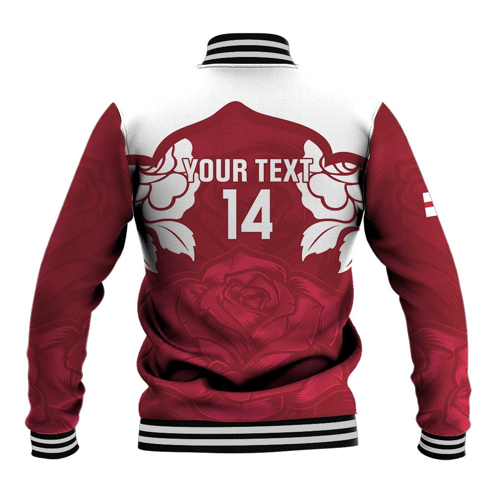 Red and white varsity baseball jacket, rose graphic and number 14 on back, striped cuffs