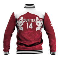 Red and white varsity baseball jacket, rose graphic and number 14 on back, striped cuffs