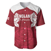 Red baseball rugby jersey with white yoke, button placket, England Go Champions print