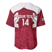 Red baseball rugby jersey back with white yoke, 'YOUR TEXT' and number 14, rose graphic