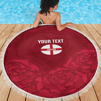 Red round beach blanket with white fringe, England crest and 'YOUR TEXT' at center
