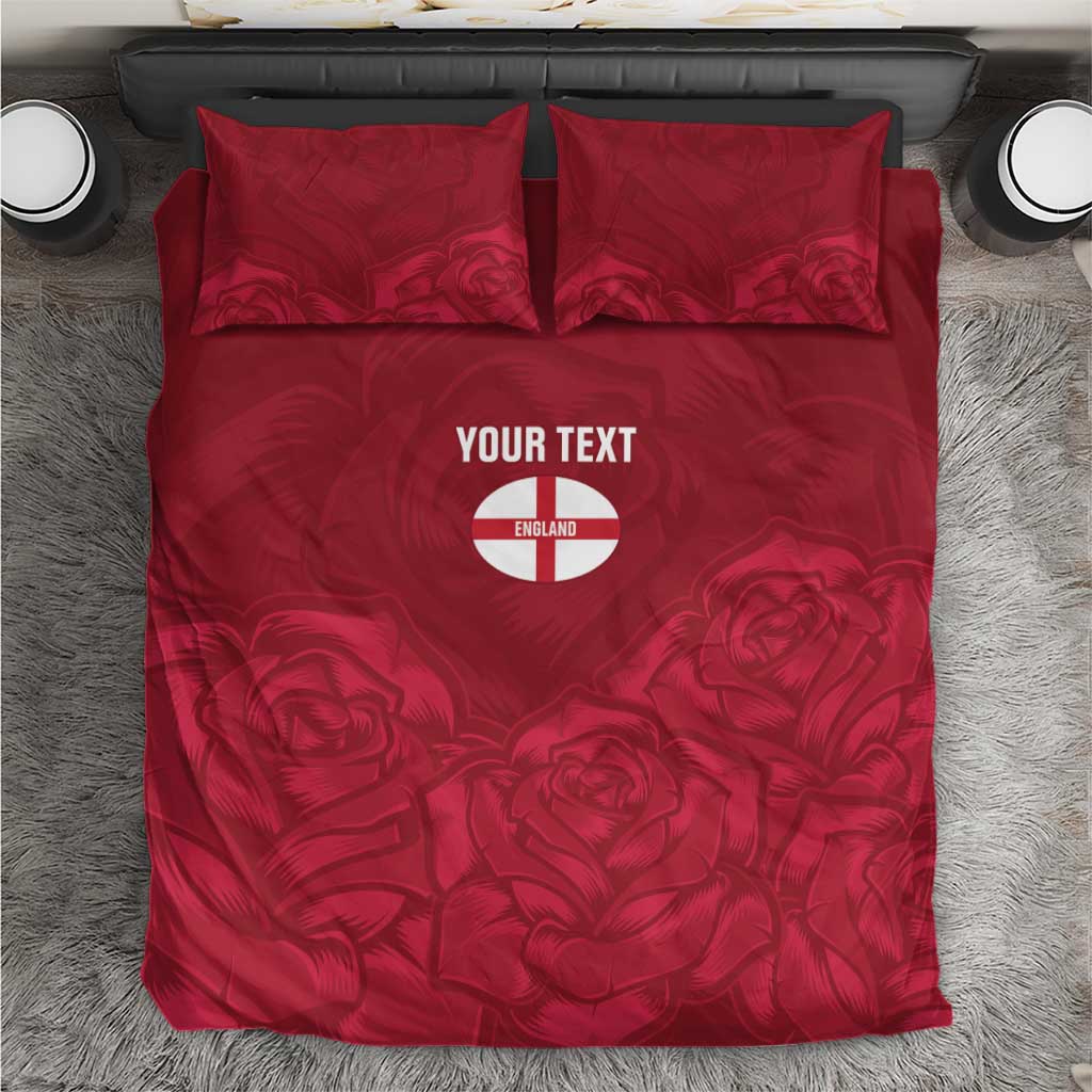 Red bedding set with England emblem and 'YOUR TEXT' on duvet and two pillows.