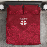 Red bedding set with England emblem and 'YOUR TEXT' on duvet and two pillows.
